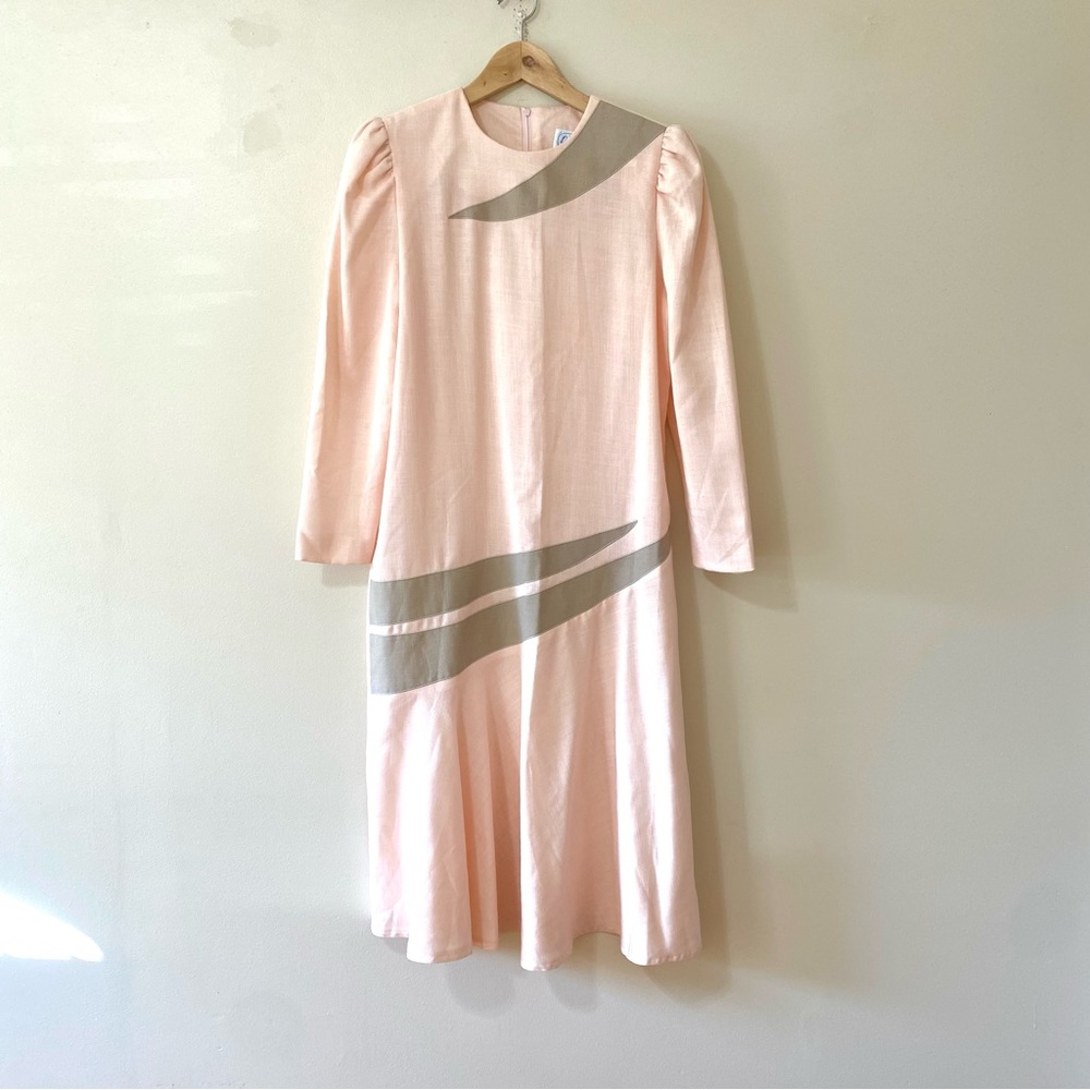 Vintage 80s Long Sleeve Maxi Dress Pink Gray Abstract Size 10